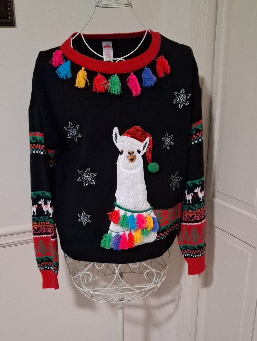 Holiday Time Black Llama Tassel Crewneck Sweater with Red Trim